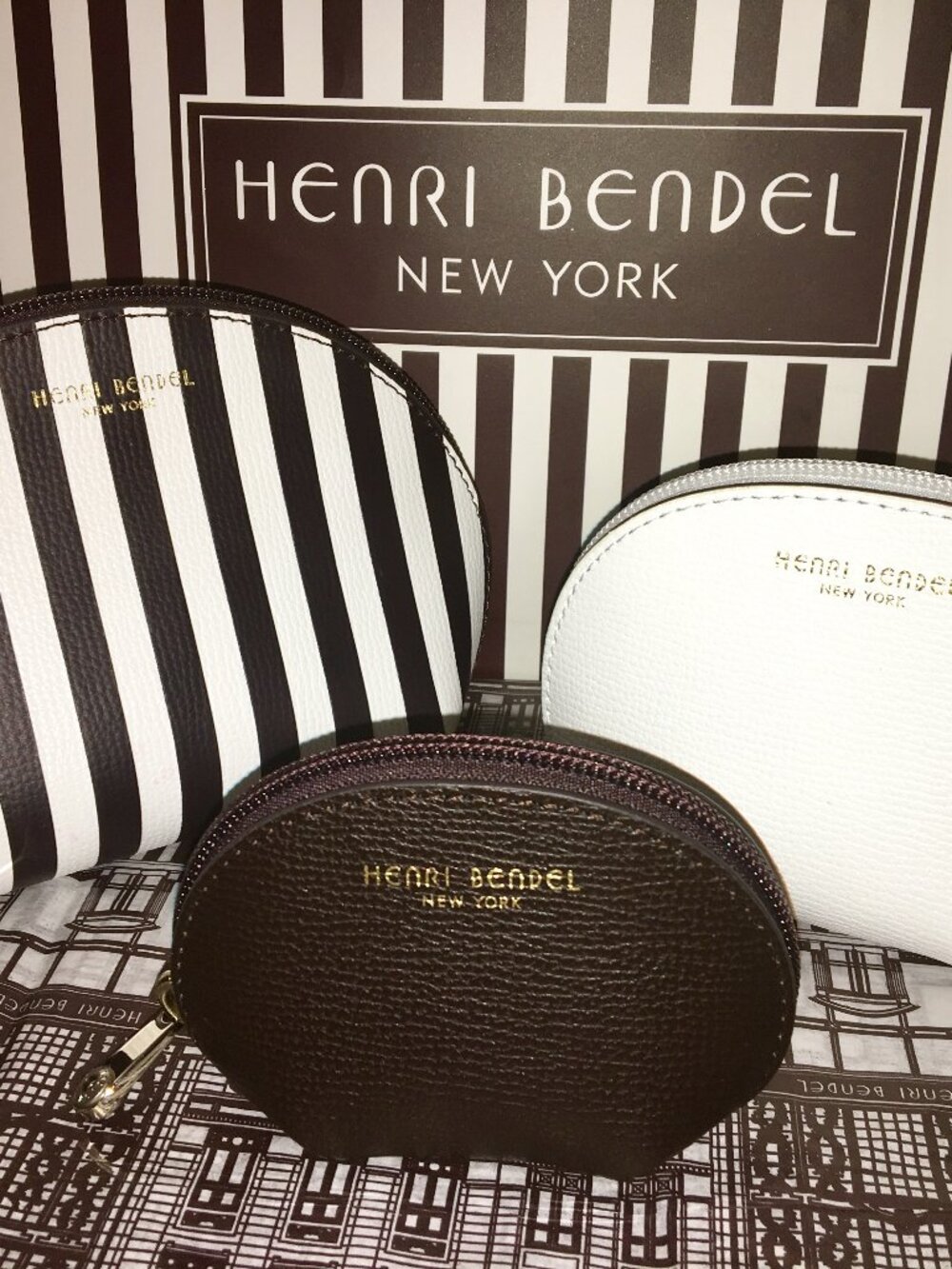 New! RARE Henri Bendel Leather Centennial Stripe Cosmetic Case Trio 3 Piece Set